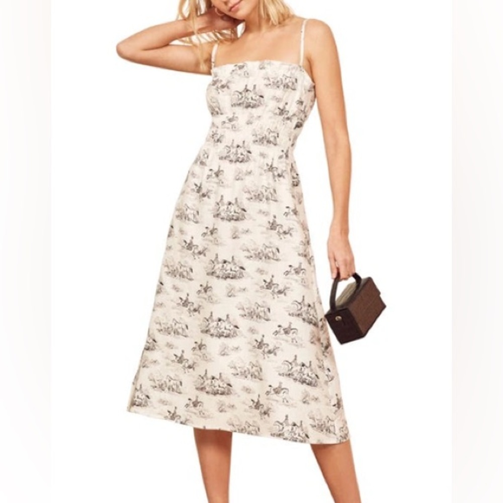 NWOT Reformation Faust Linen Midi Dress, Britannia Print (White/Black), Size 2
